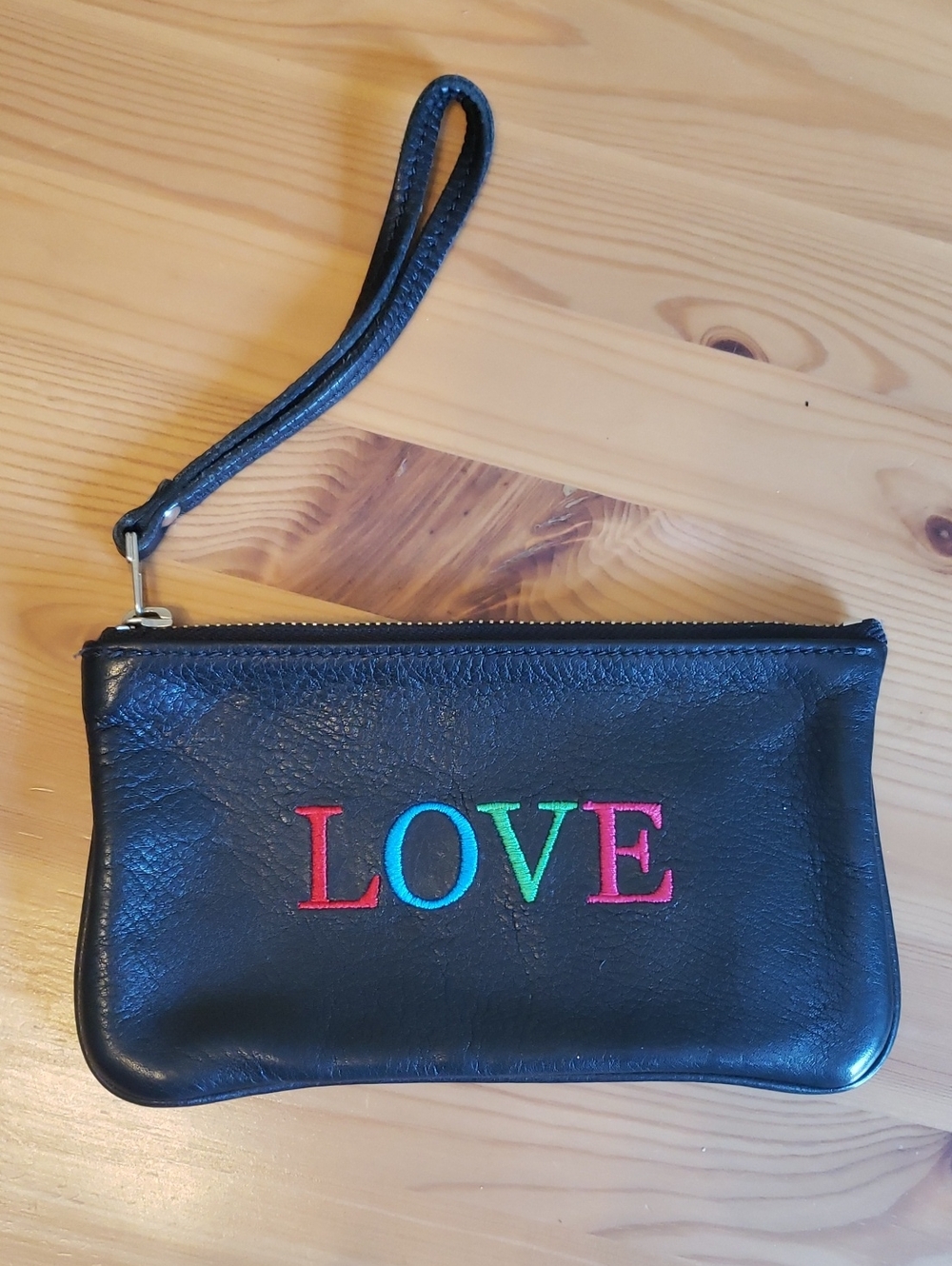 Black Leather ROOTS Wristlet Pouch with Multicolor LOVE Embroidery